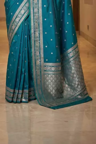 Teal zari silk blend designer banarasi saree