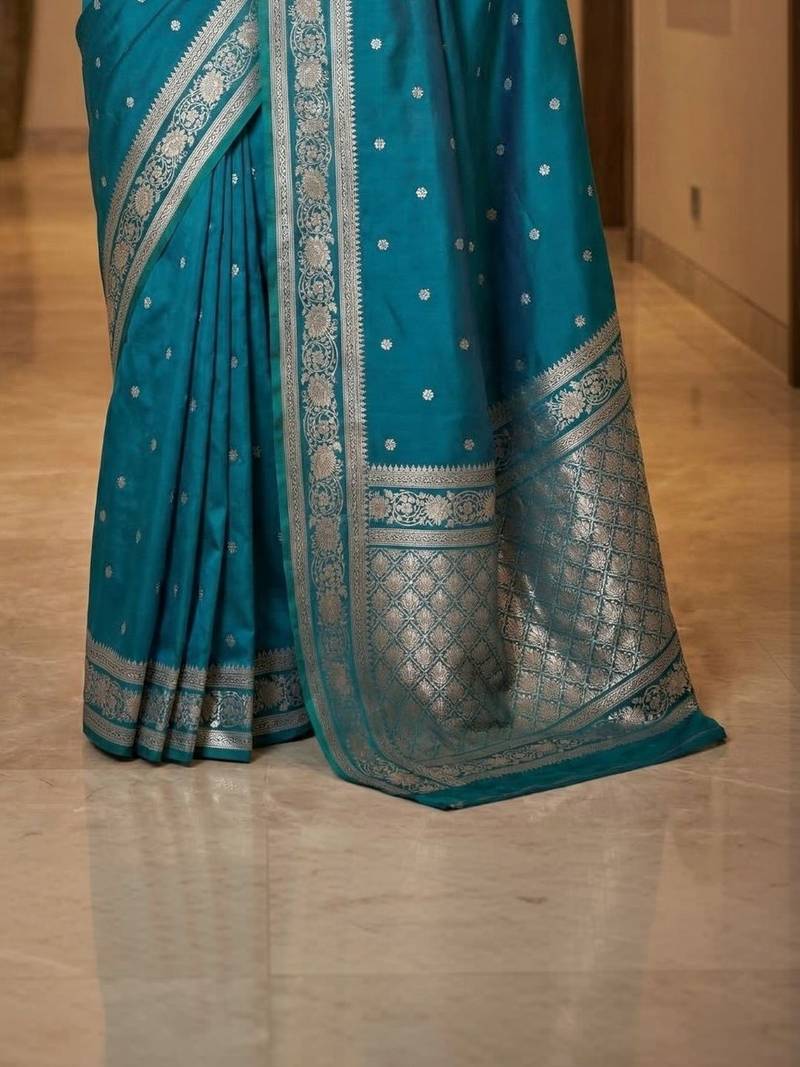 Teal zari silk blend designer banarasi saree