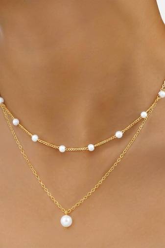 White two layer fancy necklace pearl studded festive casual wear jewelry for women