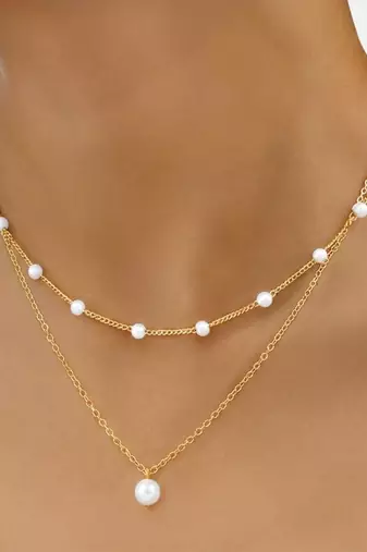 White two layer fancy necklace pearl studded festive casual wear jewelry for women
