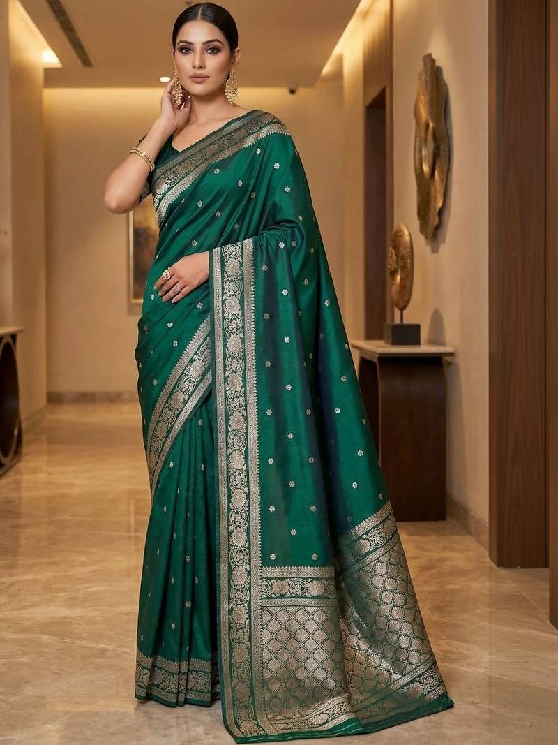 Green zari silk blend designer banarasi saree