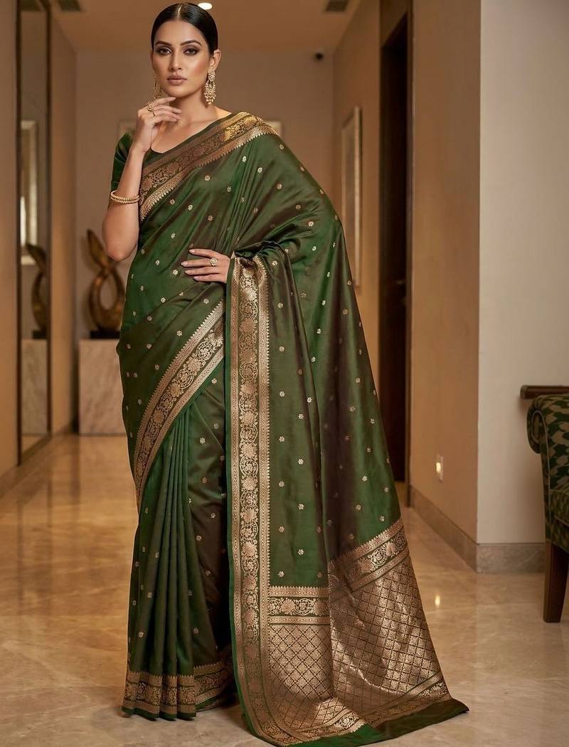 Green zari silk blend designer banarasi saree