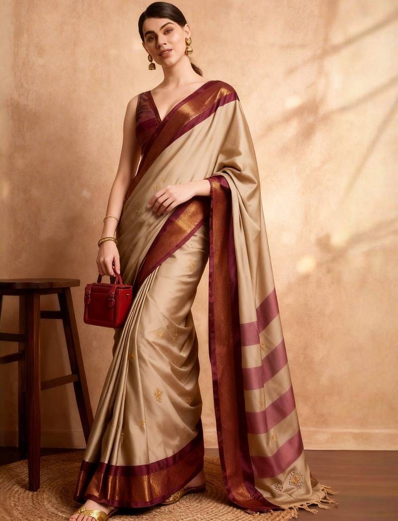 Beige woven design zari art silk kanjeevaram saree