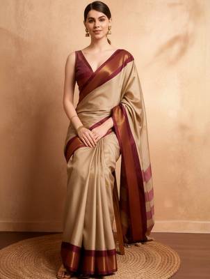 Beige woven design zari art silk kanjeevaram saree 2