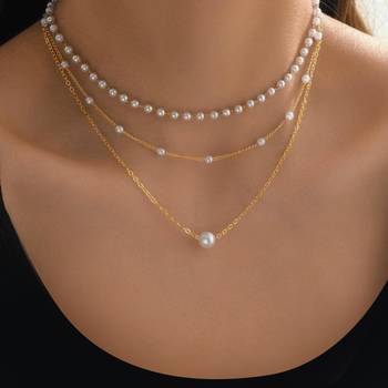 Stylish 3 layer chain necklace pearl studded casual contemporary jewelry for women 1