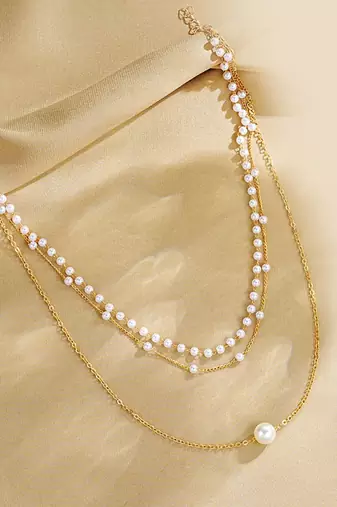 Stylish 3 layer chain necklace pearl studded casual contemporary jewelry for women