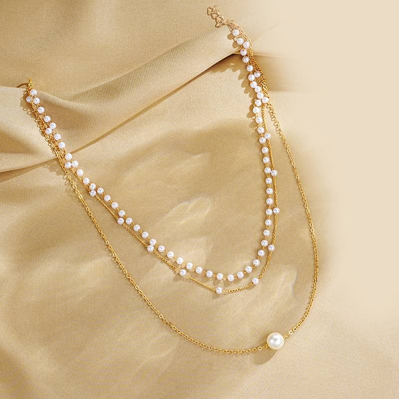 Stylish 3 layer chain necklace pearl studded casual contemporary jewelry for women