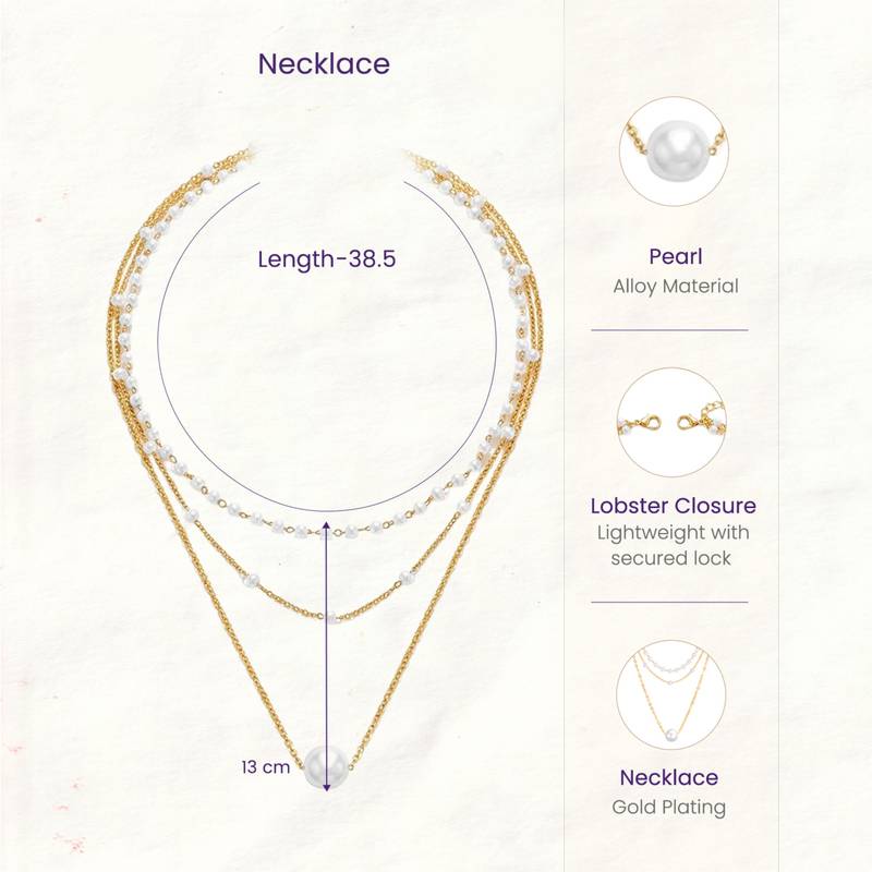 Stylish 3 layer chain necklace pearl studded casual contemporary jewelry for women