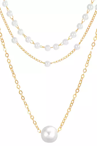 Stylish 3 layer chain necklace pearl studded casual contemporary jewelry for women