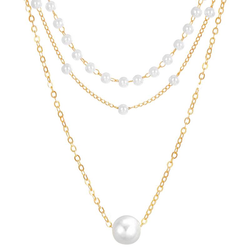 Stylish 3 layer chain necklace pearl studded casual contemporary jewelry for women