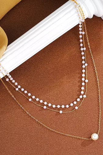 Stylish 3 layer chain necklace pearl studded casual contemporary jewelry for women