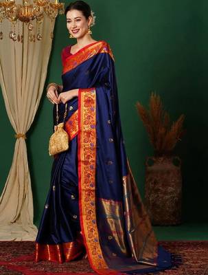 Blue woven design kashida art silk kanjeevaram saree 1