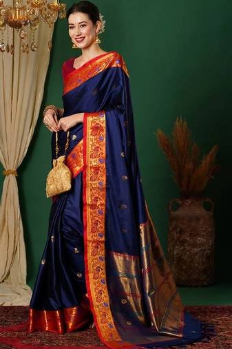 Blue woven design kashida art silk kanjeevaram saree
