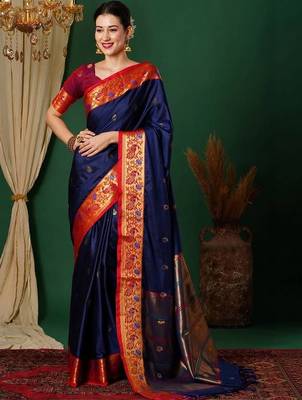 Blue woven design kashida art silk kanjeevaram saree 2
