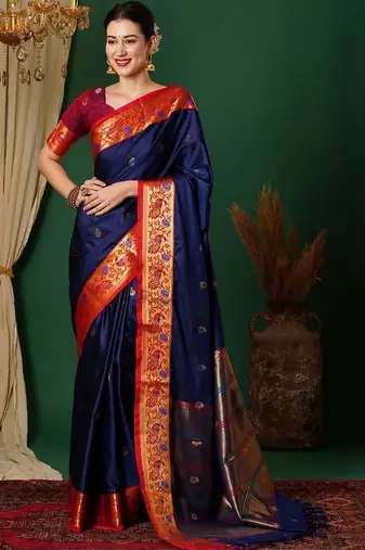 Blue woven design kashida art silk kanjeevaram saree