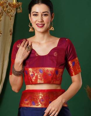 Blue woven design kashida art silk kanjeevaram saree 4