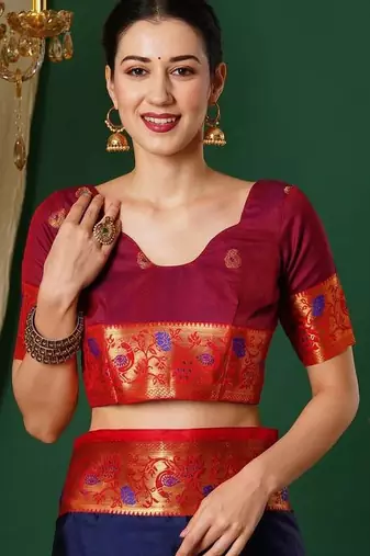 Blue woven design kashida art silk kanjeevaram saree