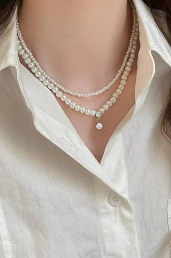 White layered two layer necklace pearl studded festive casual wear jewelry for women