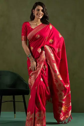 Pink floral woven design zari saree