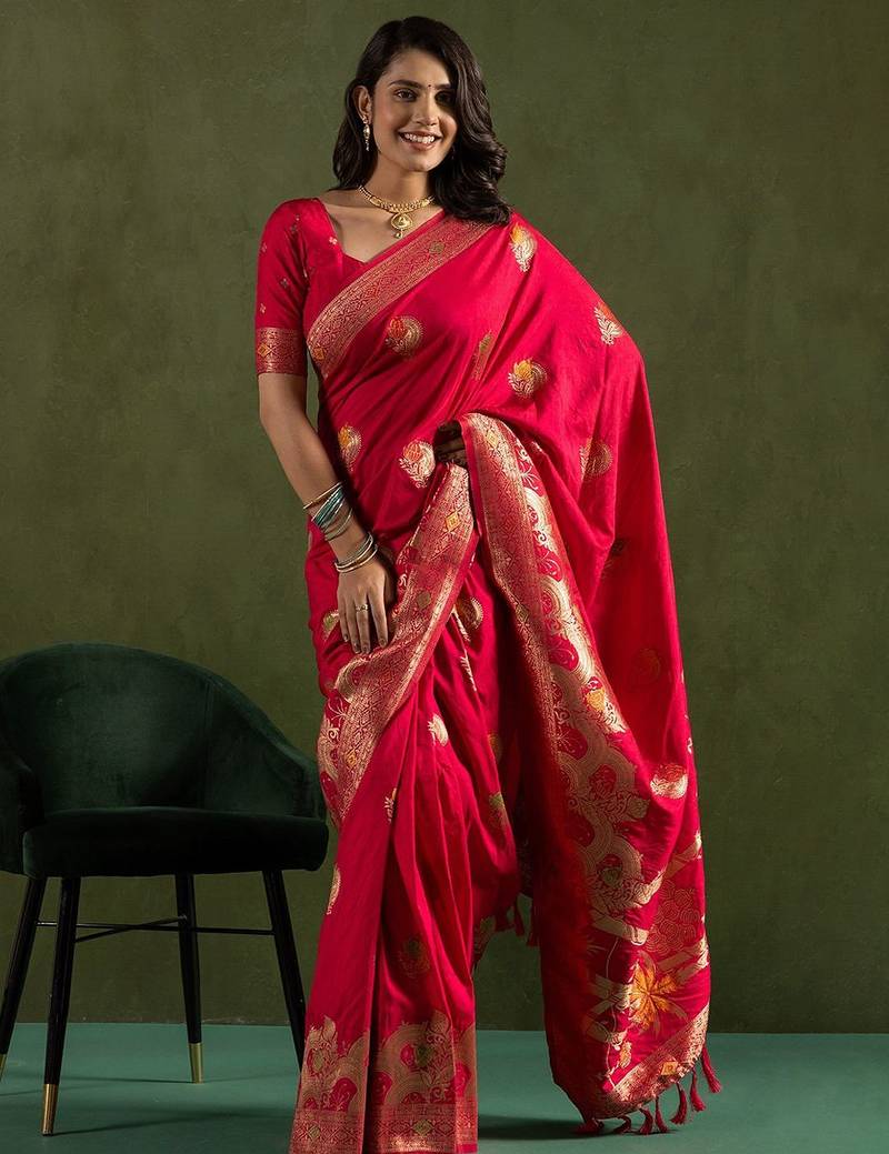 Pink floral woven design zari saree