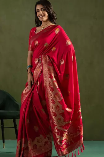 Pink floral woven design zari saree