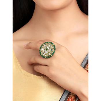 Kundan & beads studded ethnic green finger ring fashion jewellery for women 1