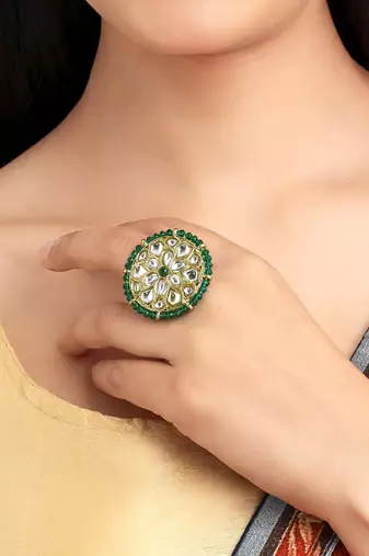 Kundan & beads studded ethnic green finger ring fashion jewellery for women