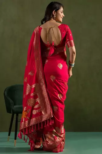 Pink floral woven design zari saree