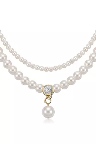 White layered two layer necklace pearl studded festive casual wear jewelry for women