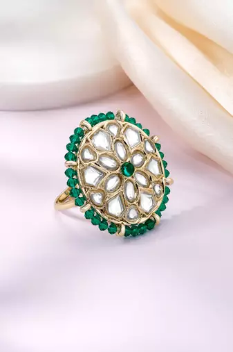 Kundan & beads studded ethnic green finger ring fashion jewellery for women