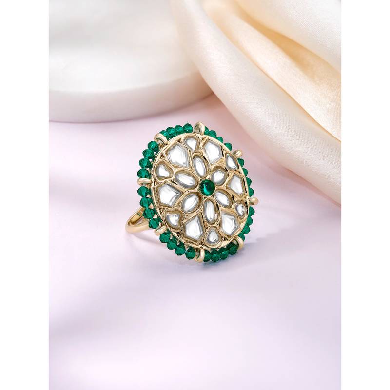Kundan & beads studded ethnic green finger ring fashion jewellery for women