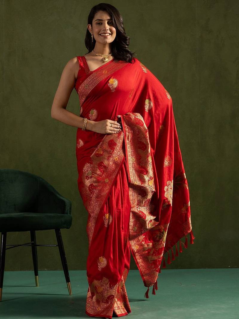 Red woven design zari saree