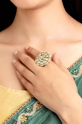 Kundan & beads studded ethnic white finger ring fashion jewellery for women