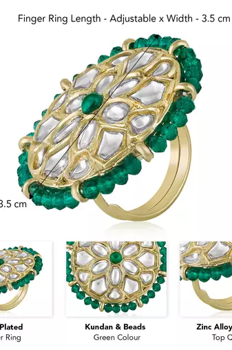 Kundan & beads studded ethnic green finger ring fashion jewellery for women