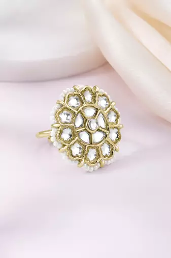 Kundan & beads studded ethnic white finger ring fashion jewellery for women