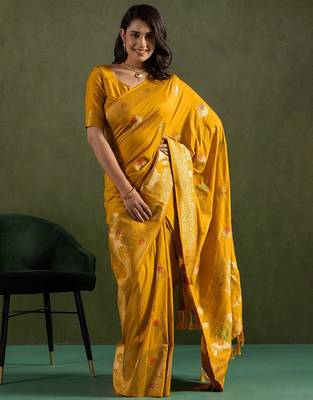 Yellow woven design zari saree 1