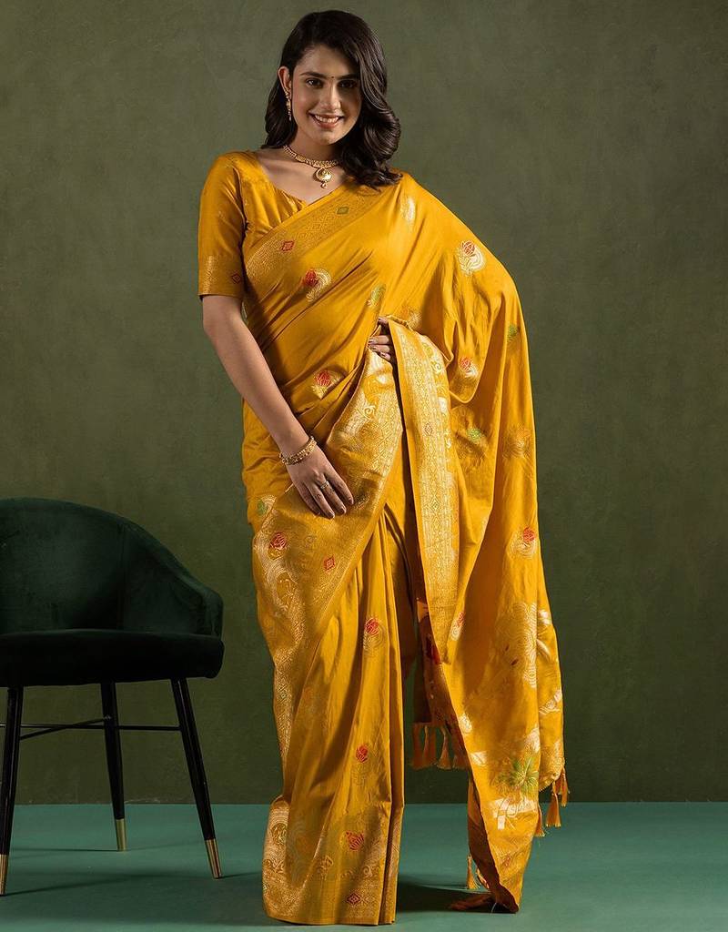 Yellow woven design zari saree
