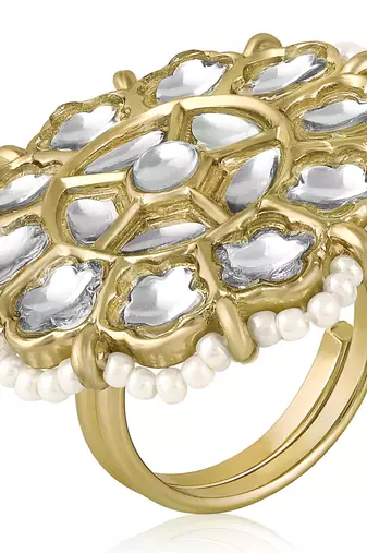 Kundan & beads studded ethnic white finger ring fashion jewellery for women