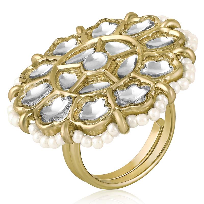 Kundan & beads studded ethnic white finger ring fashion jewellery for women