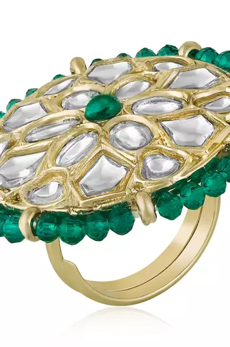 Kundan & beads studded ethnic green finger ring fashion jewellery for women