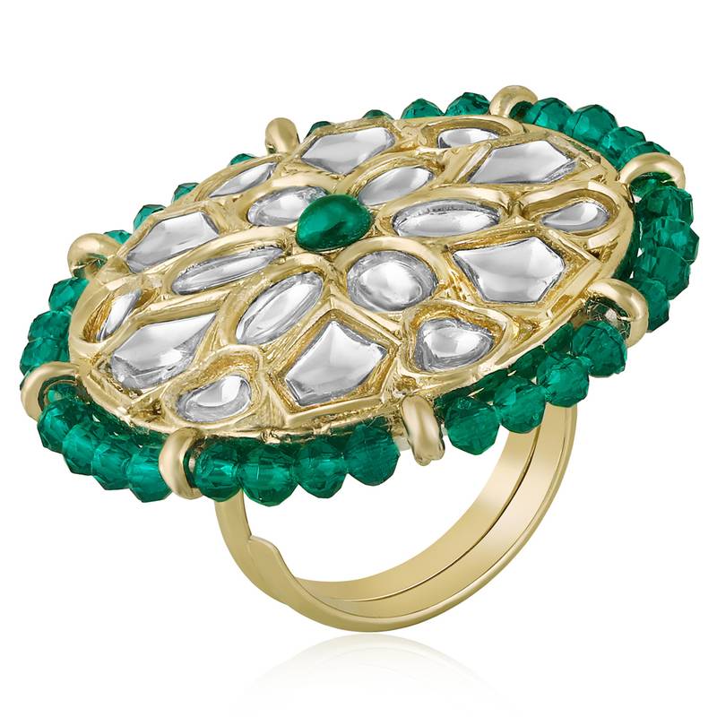 Kundan & beads studded ethnic green finger ring fashion jewellery for women