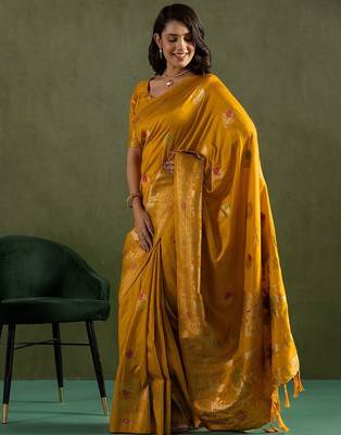 Yellow woven design zari saree 3