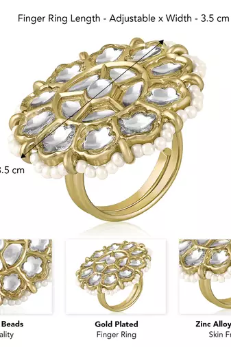 Kundan & beads studded ethnic white finger ring fashion jewellery for women