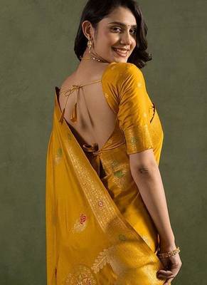 Yellow woven design zari saree 4