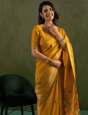 Yellow woven design zari saree 5