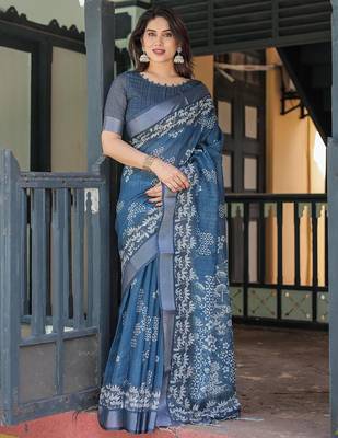 Blue women floral printed zari  linen sarees 1