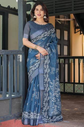 Blue women floral printed zari  linen sarees