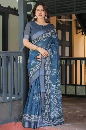 Blue women floral printed zari  linen sarees