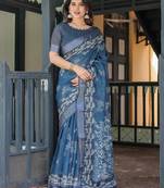 Blue women floral printed zari  linen sarees