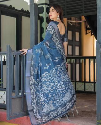 Blue women floral printed zari  linen sarees 2